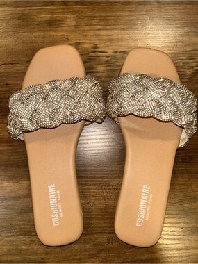 Cushionaire Champagne Crystal Braided Slide Sandals